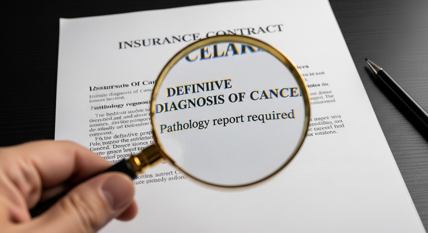 돋보기로 암보험 약관의 진단 확정 조항을 자세히 들여다보는 모습