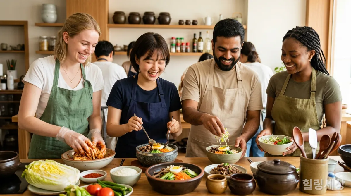 MZ세대 외국인들이 한식 쿠킹 클래스에서 김치와 비빔밥을 만드는 모습