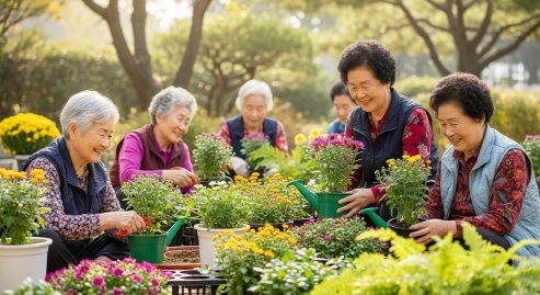 원예활동으로 화분 가꾸는 어르신들&amp;#44; 정원 있는 공간
