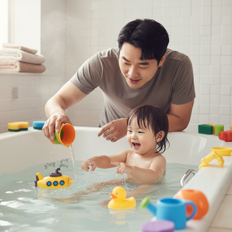 24개월 아기 목욕놀이 시간에 장난감을 띄우고 첨벙첨벙 물놀이를 하며 감정 표현을 배우는 아빠와 즐거운 목욕시간.