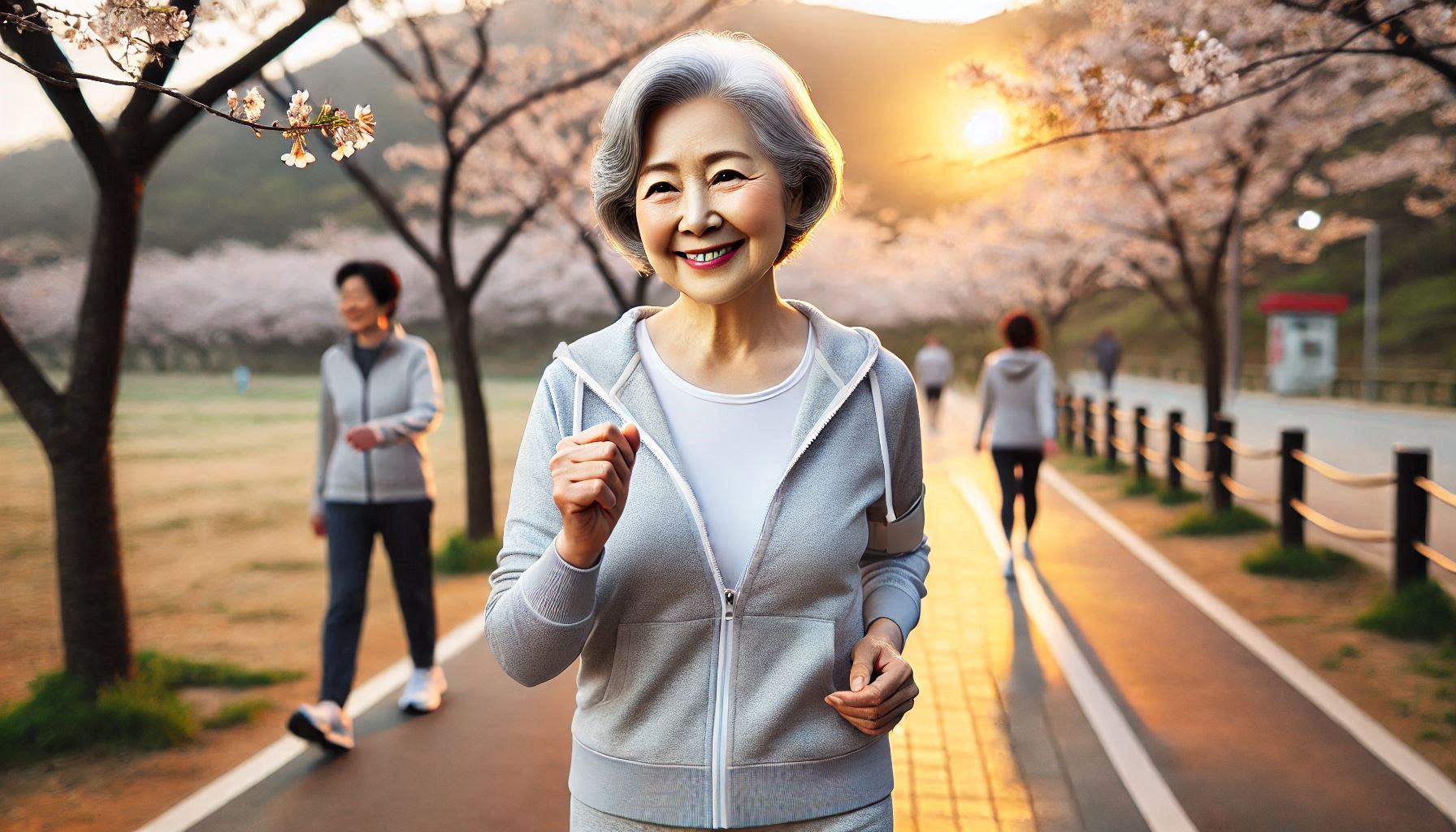벚꽃이 핀 공원에서 편한 운동복 차림으로 파워워킹을 하는 60대 한국 여성. 아침 햇살이 비치는 따뜻한 분위기의 공원 풍경