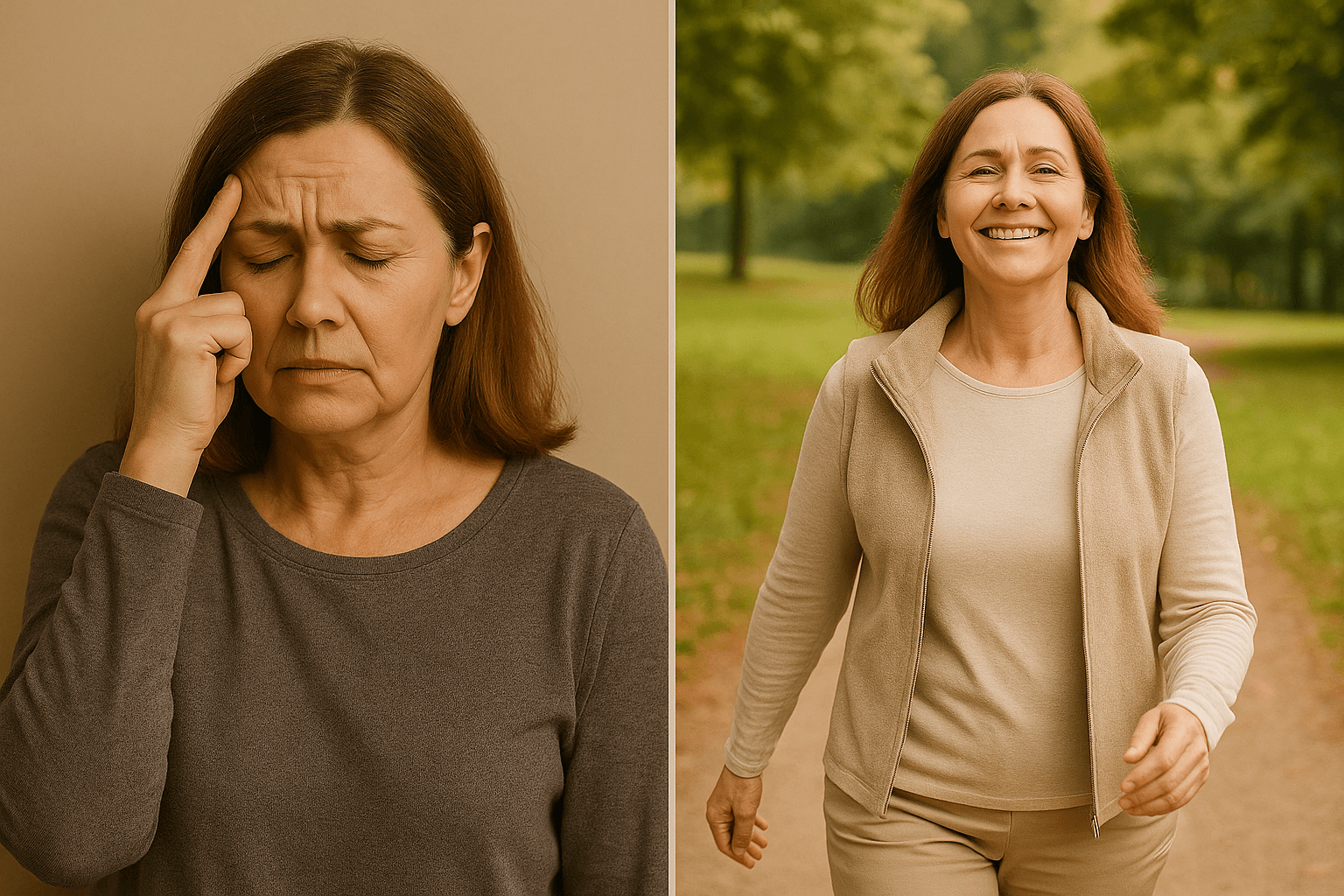 중년 여성이 실내에서 기억을 떠올리며 이마를 짚는 장면과, 야외 산책을 하며 웃고 있는 회복된 모습이 나란히 배치된 이미지