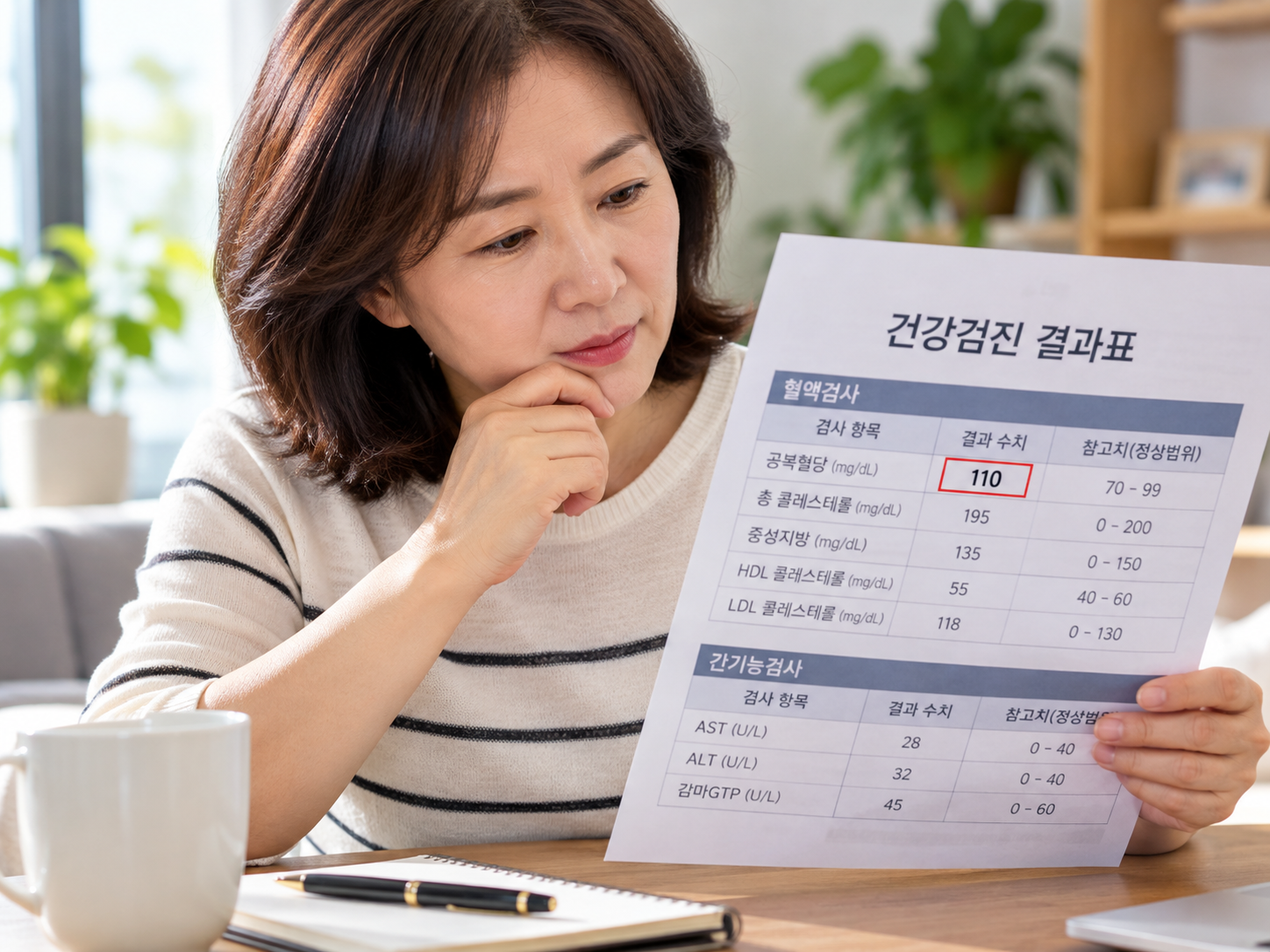 건강검진 결과표에서 공복혈당 수치를 확인하는 40~50대 성인
