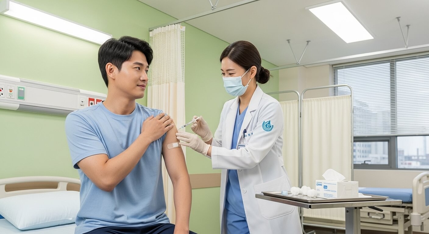 의료진이 성인 남성에게 백신 주사를 놓는 장면