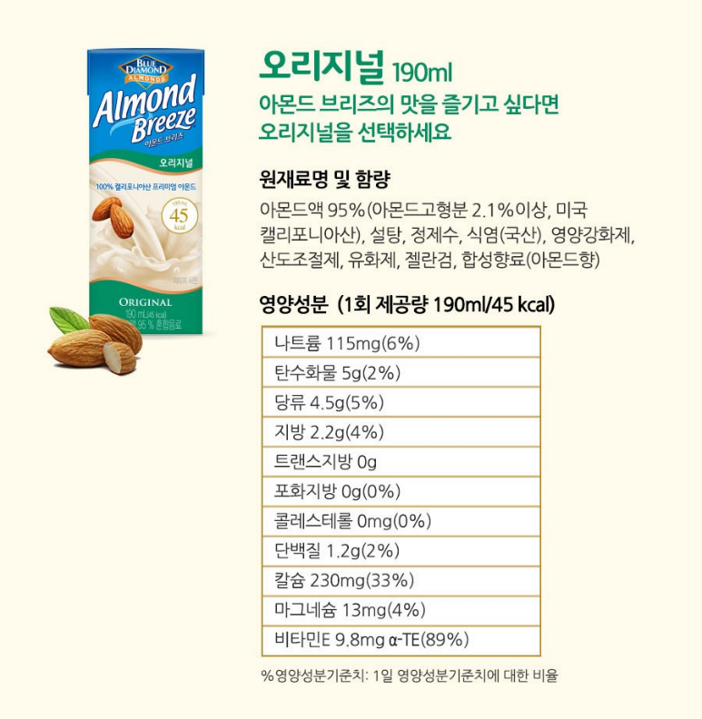아몬드 브리즈 오리지널 영양성분표