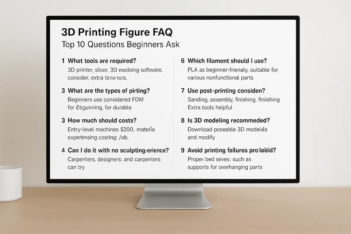 3D프린팅 피규어 제작 FAQ: 초보자가 자주 묻는 질문 10선과 답변이 정리된 컴퓨터 화면, 인물 없이 정보가 표시된 장면