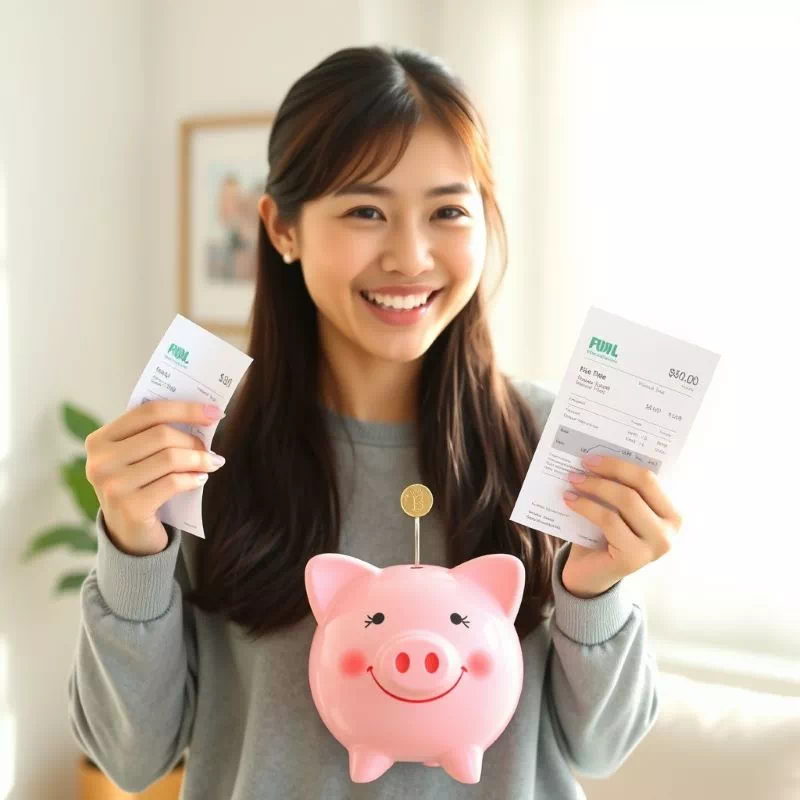 한 손에 전기세 고지서를 들고 다른 손으로는 돼지 저금통에 동전을 넣는 모습, 절약의 기쁨을 표현하는 이미지