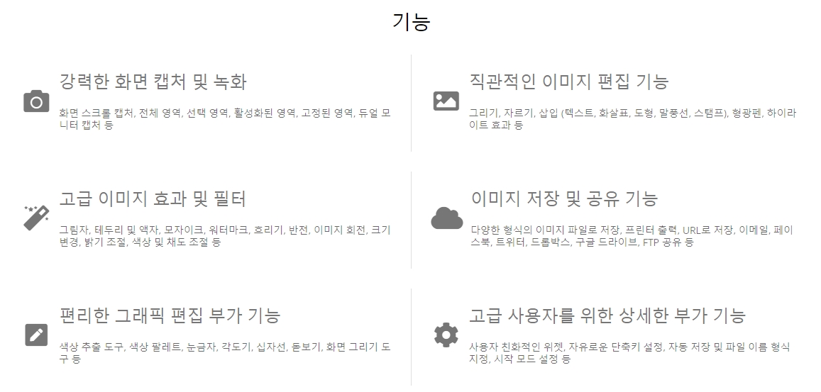 단순 이미지 캡처 외에 유용한 화면 기록 기능도 함께 제공하는 메뉴 모습