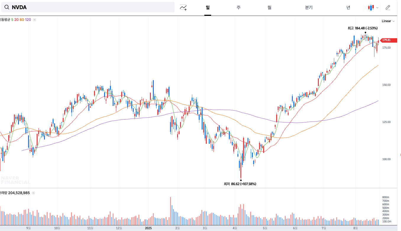 NVDIA 일봉차트 주가 분석 차트 거래량 종목