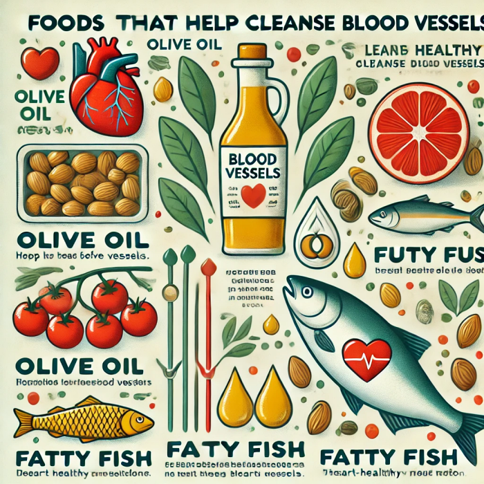 혈관 건강에 도움이 되는 음식들이 정리된 정보 그래픽