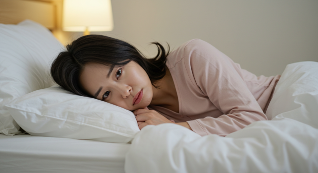 침대에 누워 우울한 표정을 짓는 한국인 여성