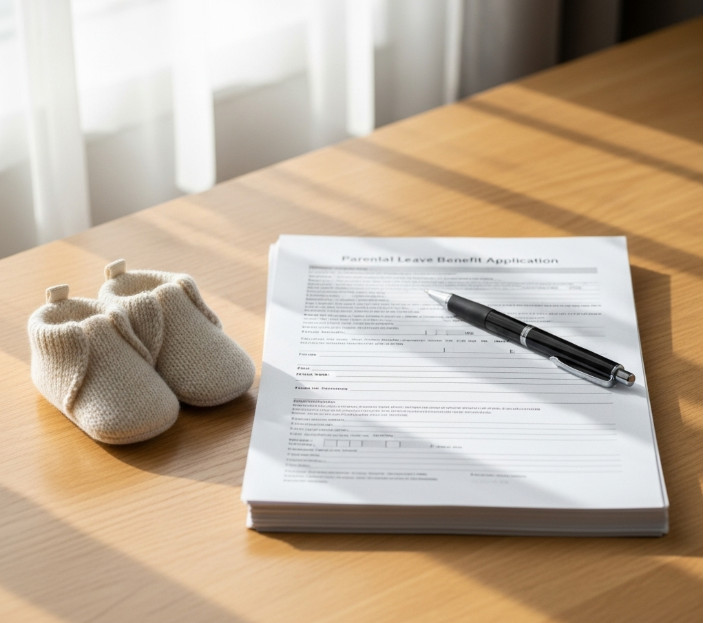 깔끔하게 정리된 책상 위에 육아휴직 급여 신청 서류 뭉치와 펜, 그리고 작은 아기 신발이 놓여 있다.