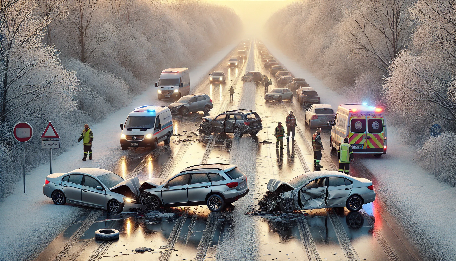 블랙아이스로 도로에서 충동 사고 일어난 장면-차 3대의 앞 뒤가 찌그러져 있음-경찰이 도로에서 정리 중임