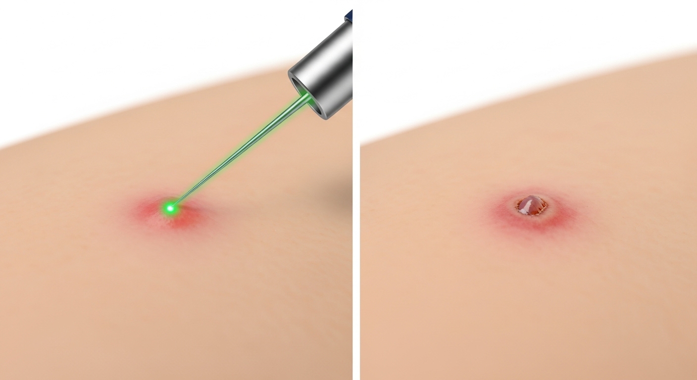 혈관레이저와 전기 소작술 등 다양한 체리혈관종 치료법을 비교하는 의료 일러스트.