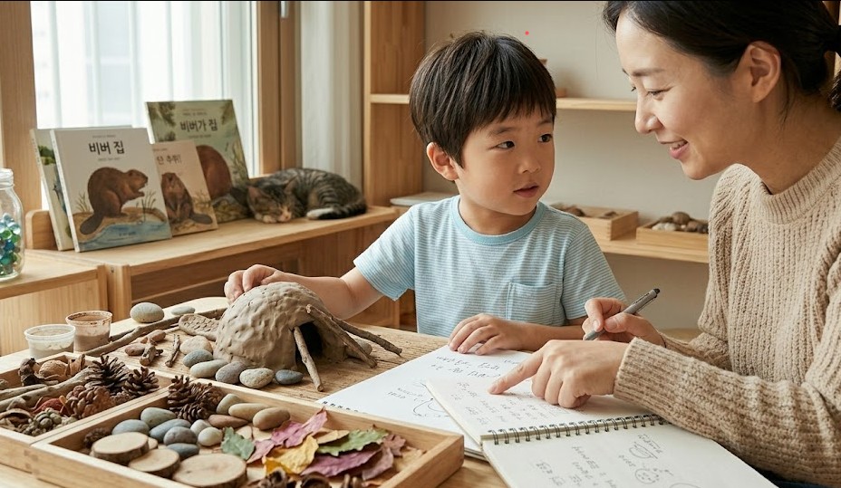 햇살이 비치는 아틀리에에서 찰흙 비버 집 옆에 새롭게 투입된 나뭇가지와 돌멩이 재료를 보며 탐구를 확장하는 아이와 옆에서 기록하는 엄마와 고양이