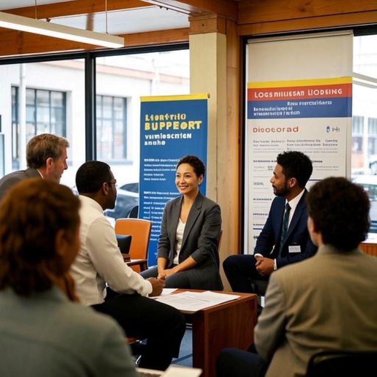 "밝은 사무실에서 다양한 업종의 소상공인들이 상담받으며, 브랜드화, 배달비 지원, 지역상권 활성화 등 다양한 지원사업 안내 배너가 보이는 모습&rdquo;