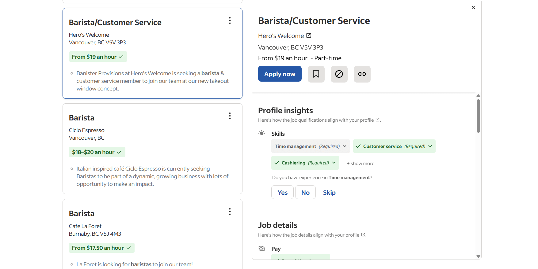 indeed.ca 일자리 서치 예시