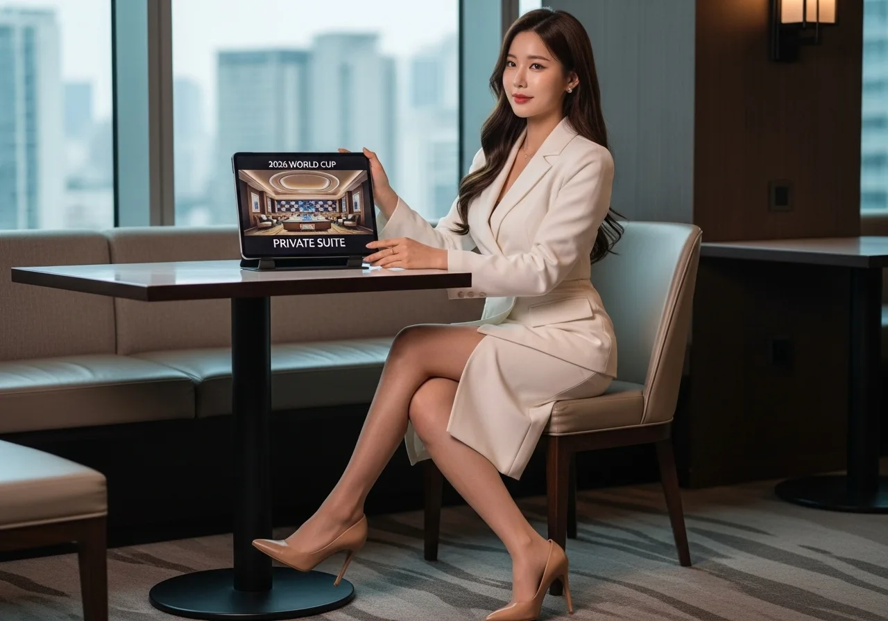 한 여성이 고급스러운 라운지에서 태블릿으로 '2026 월드컵 프라이빗 스위트룸' 패키지를 보여주며 상담하고 있다