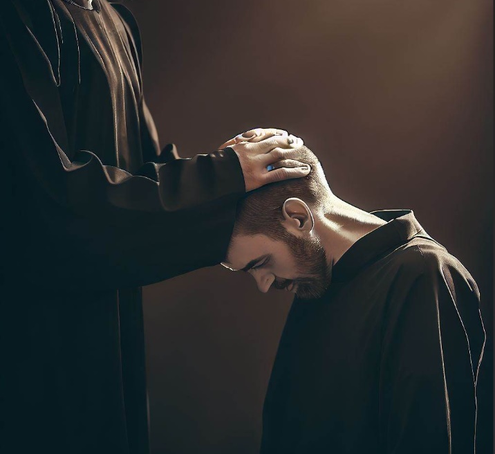 죄인의 머리에 손을 얹어 기도해주는 신부님(made by Bing)