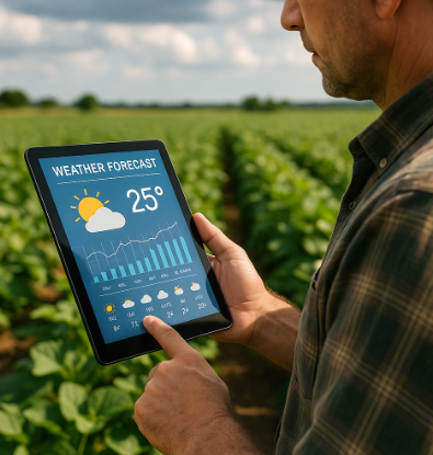 농부가 밭에서 태블릿으로 기상 예보 데이터를 확인하는 장면