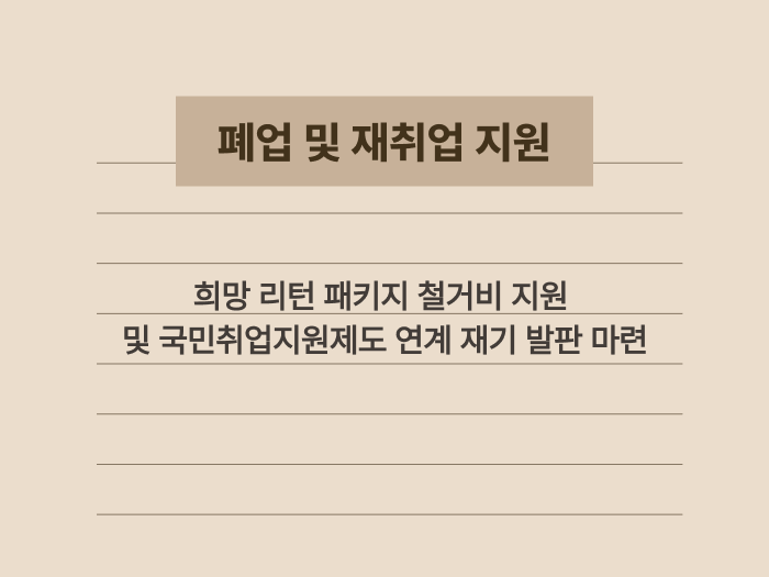 폐업 위기 소상공인을 위한 철거비 지원 및 재취업 교육 정보 요약 카드