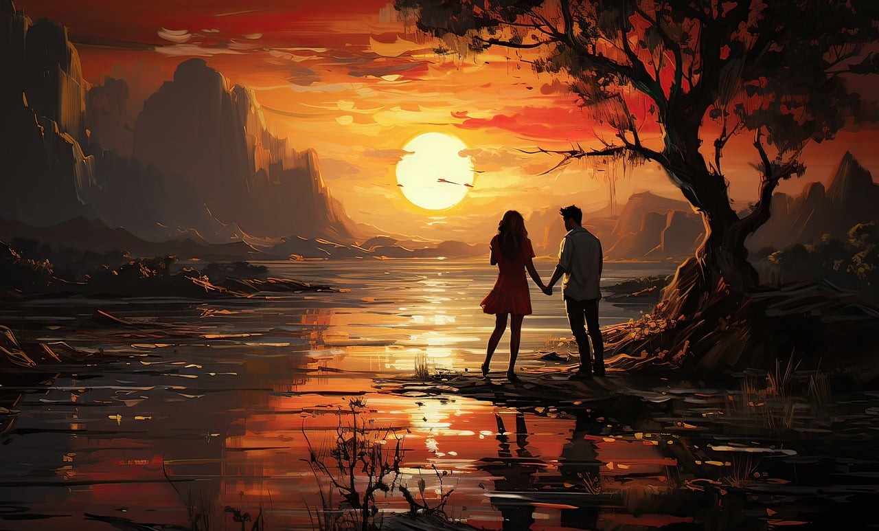 연인이 노을 바라보고 있는사진