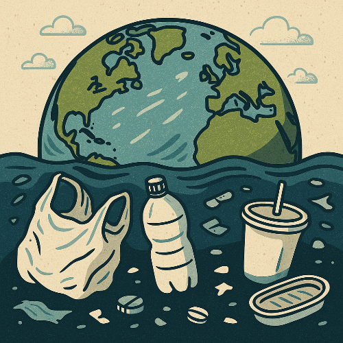 지구가 바다에 반쯤 잠긴 채 떠 있으며, 바닷물에는 비닐봉지, 페트병, 일회용 컵, 캔 등 플라스틱 쓰레기가 흩어져 있는 장면의 빈티지풍 일러스트