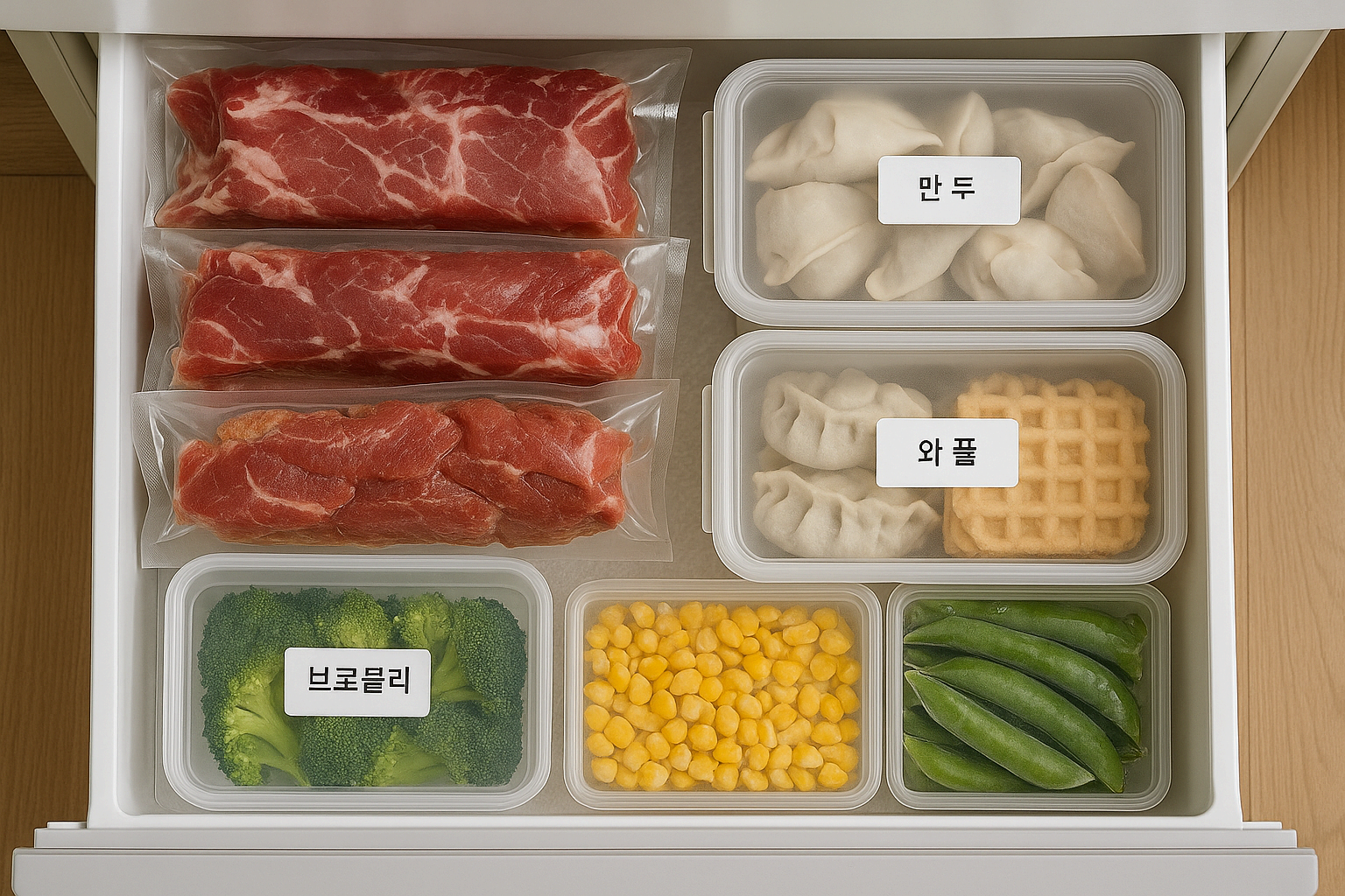 냉동실 서랍에 고기와 채소, 반조리식품이 진공팩과 밀폐 용기에 나누어 보관된 모습
