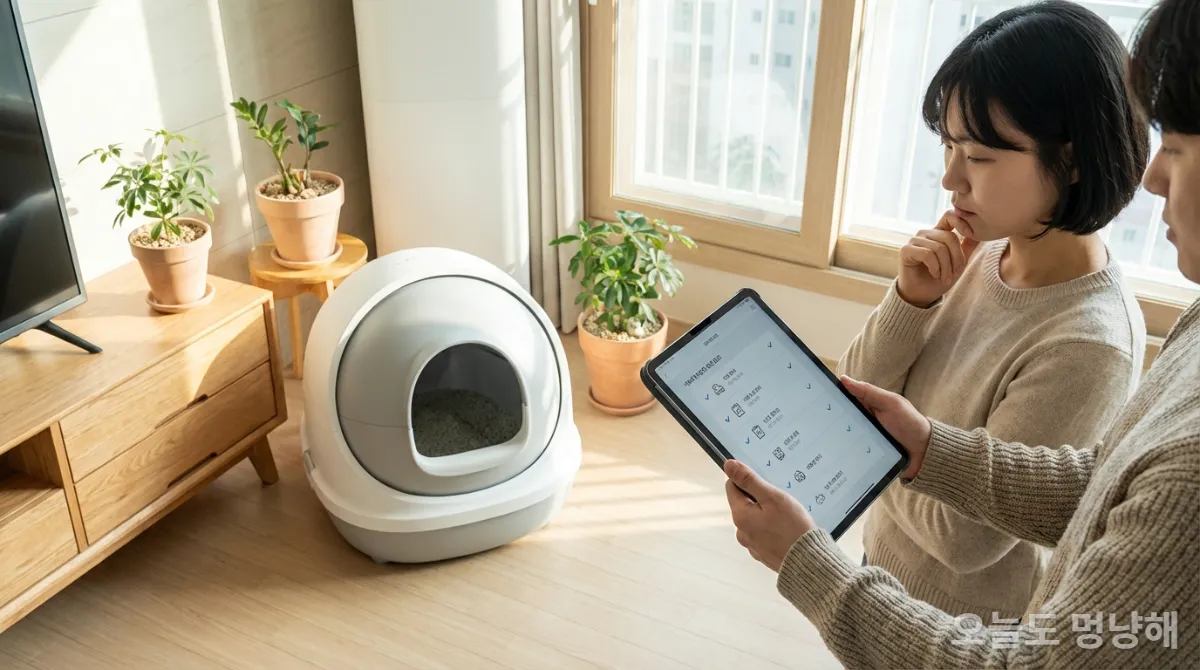 고양이 자동 화장실 구매 전 체크리스트를 확인하는 한국인