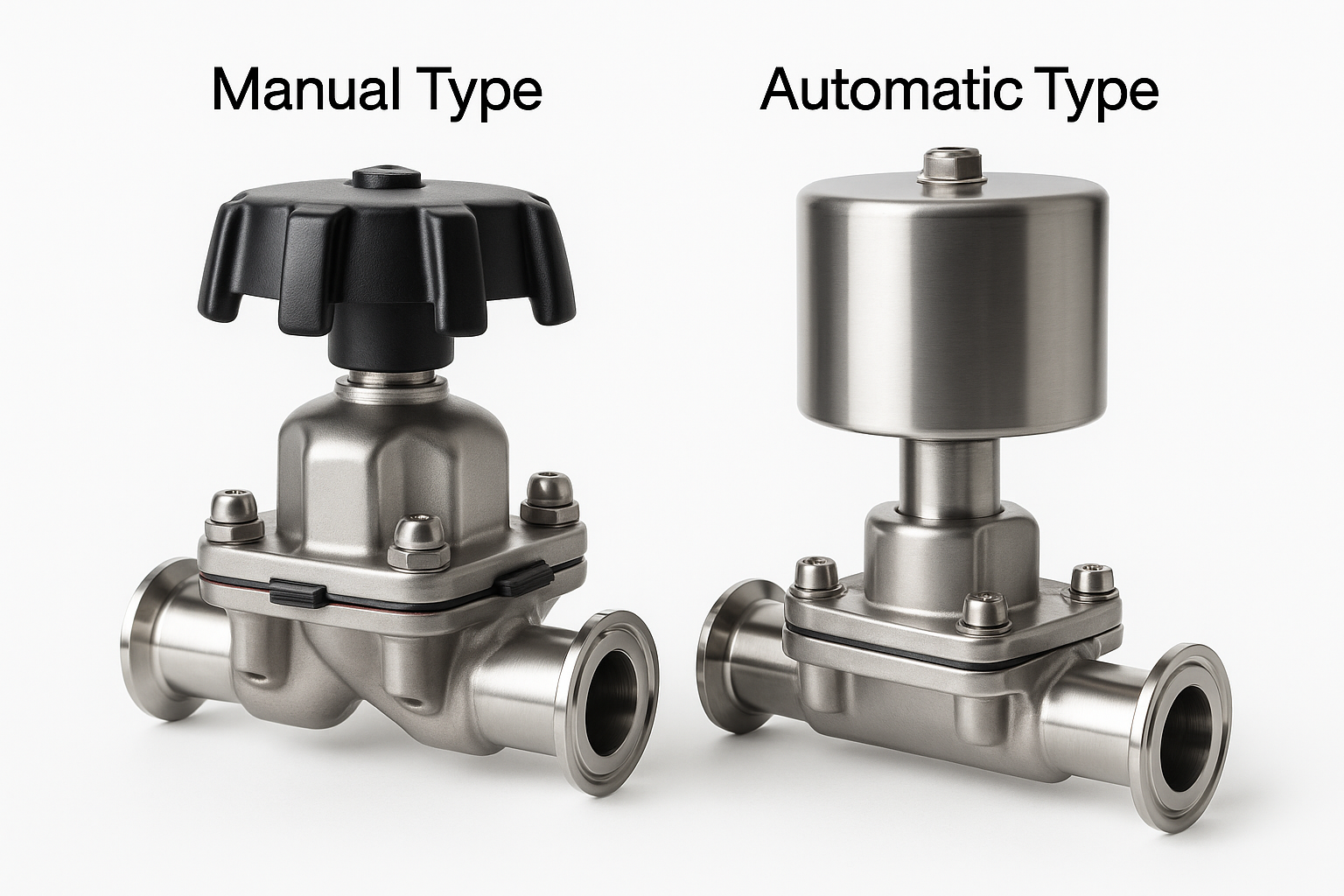 High-resolution photo comparison of manual and automatic diaphragm valves used in pharmaceutical applications