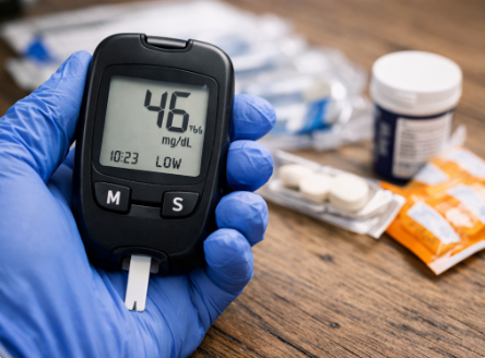 손에 들린 혈당 측정기에 낮은 수치가 표시되어 있는 모습