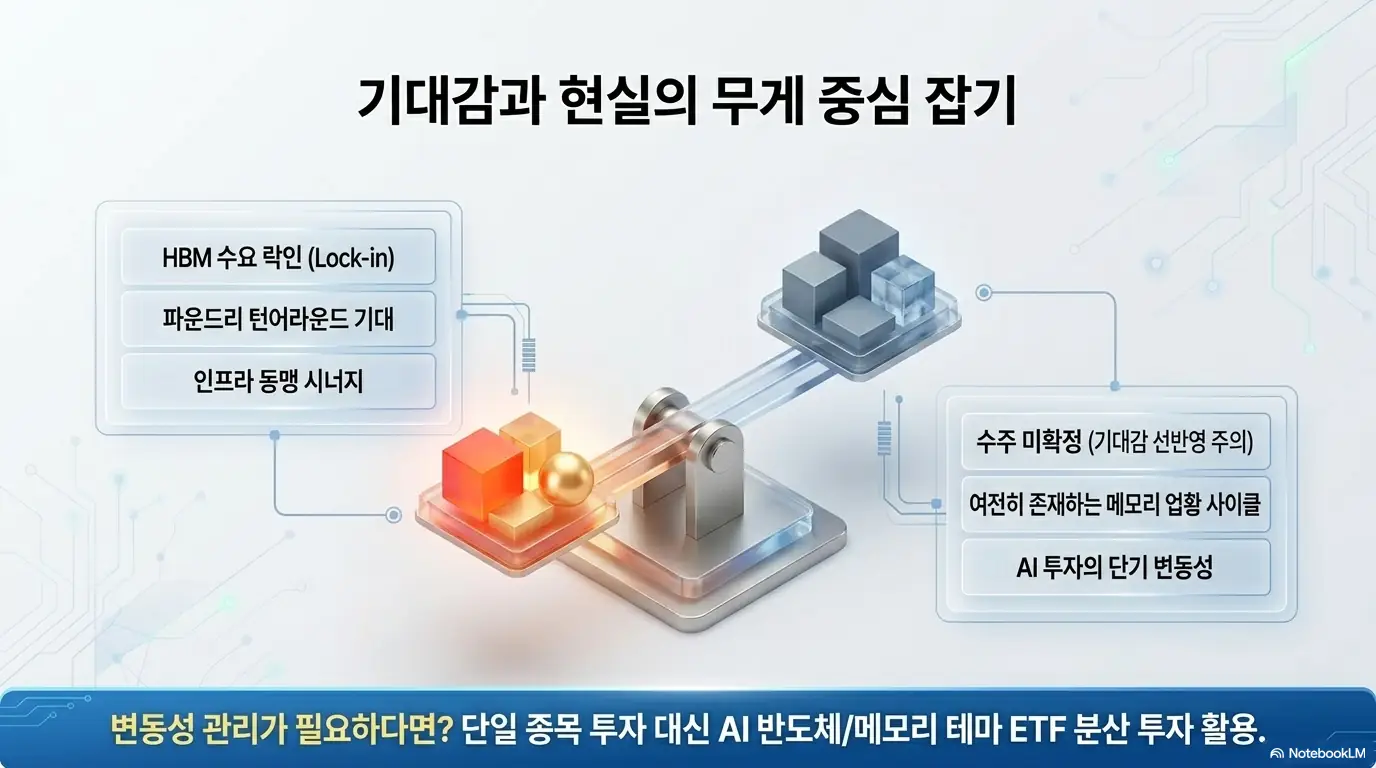 엔트로픽 투자 삼성전자 SK하이닉스: &amp;#39;기대감과 현실의 무게 중심 잡기&amp;#39;라는 제목으로 HBM 수요 락인&amp;#44; 파운드리 턴어라운드 기대&amp;#44; 인프라 동맹 시너지 같은 기대 요인과 수주 미확정&amp;#44; 메모리 업황 사이클&amp;#44; 단기 변동성 같은 점검 요인을 저울로 비교한 이미지. 엔트로픽 수혜주 투자 시 균형 잡힌 시각을 시각적으로 전달하며&amp;#44; 블로그의 투자 체크포인트와 관련된 내용을 설명함