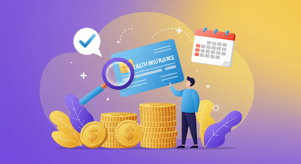 건강보험료 환급금을 상징하는 돈뭉치와 건강보험증이 놓여있고, 그 주변으로 조회, 신청, 기한 엄수를 나타내는 아이콘들이 보라색과 노란색 그라데이션 배경에 떠다니는 모습.