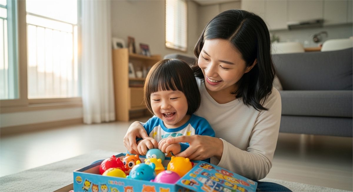  거실에서 선물 상자를 열어보는 아이와 보호자의 반응 장면 