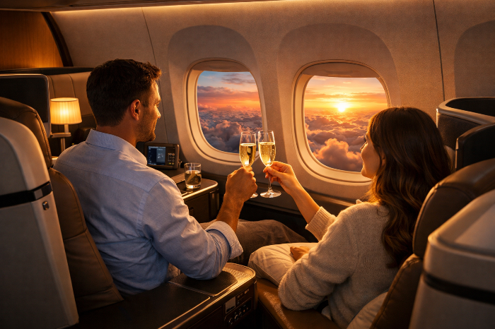 신혼여행의 시작을 프리미엄하게 즐기는 비즈니스석 탑승객.