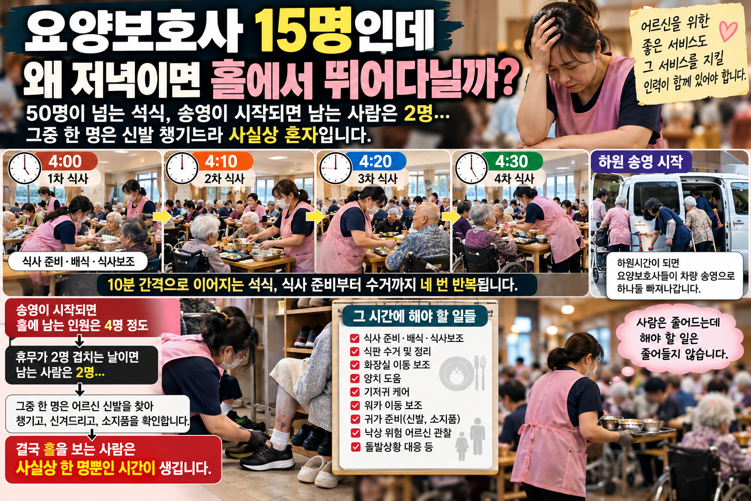 주간보호센터에서 50명 넘는 어르신의 석식과 하원 송영이 겹치면서 홀 돌봄 인력이 줄어드는 요양보호사 업무 현장