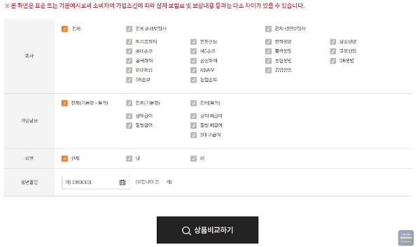 보험 비교 사이트의 보험사 및 가입담보 필터 설정 화면 - 소비자가 보험사 선택, 가입담보(기본형, 특약), 성별 및 생년월일 입력 후 상품 비교 가능