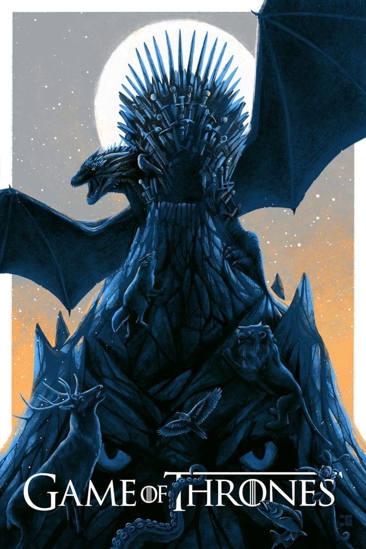 "Game of Thrones (왕좌의 게임) 아트 포스터, 아이언 스론 위의 용, 스타크, 라니스터, 바라테온 가문의 상징 동물과 중세 판타지 분위기."