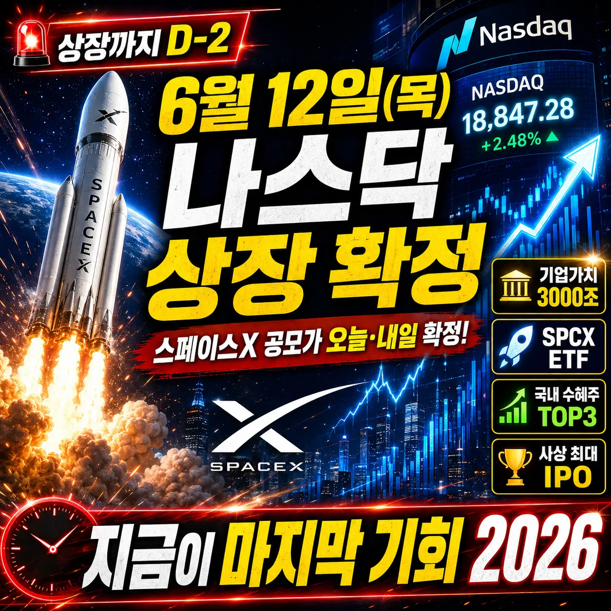 상장까지 D-2 6월 12일(목) 나스닥 상장 확정 스페이스X 공모가 오늘·내일 확정! 기업가치 3000조 · SPCX ETF · 국내 수혜주 TOP3 사상 최대 IPO — 지금이 마지막 기회 2026
