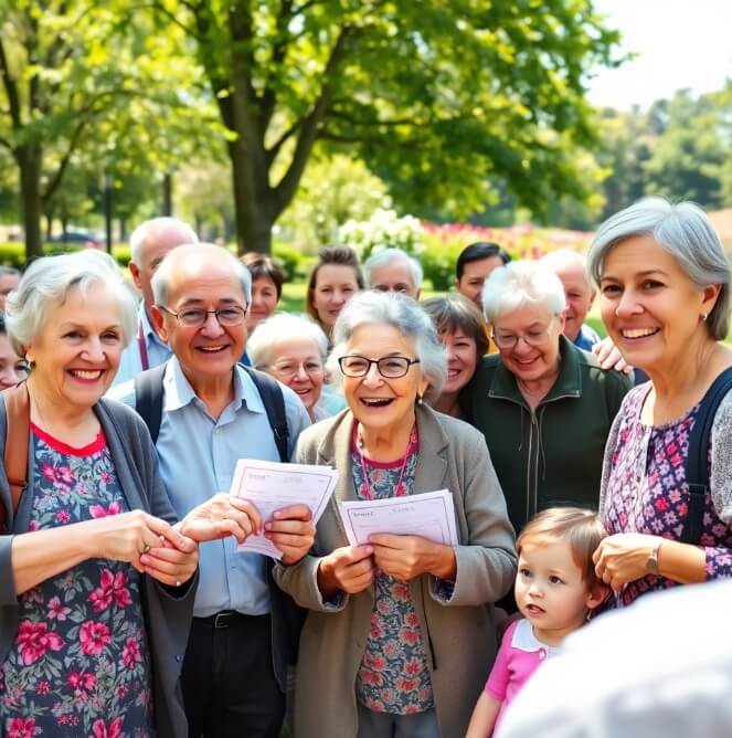연금 수령자: 다양한 연령대의 사람들이 연금을 수령하는 모습을 담은 이미지. 행복한 표정의 노인들이 연금을 받는 장면.