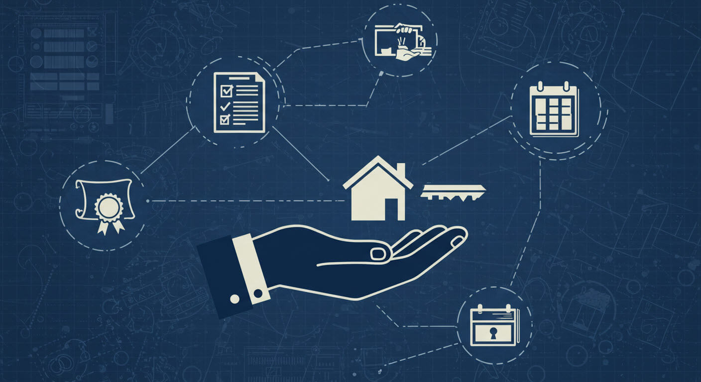 손위에 집이 있고 키가 체크 포인드가 있고 달력등이 있는 삽화