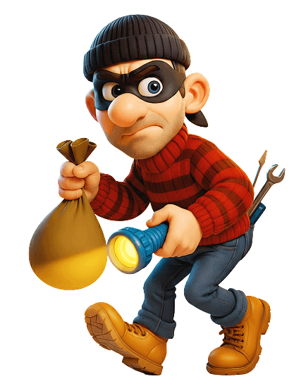 빨간 스웨터에 검정 뱅모자를 쓰고 검정 안대를 쓴 도둑이 돈주머니를 들고 범죄를 저지른다.