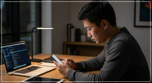 늦은 밤, 책상에서 컴퓨터와 휴대전화로 검색하고 있는 남성 모습