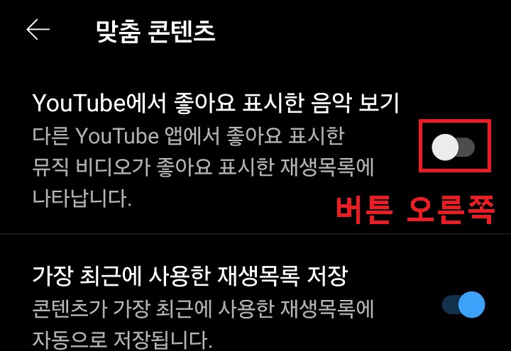 유튜브에서 좋아요 표시한 음악보기 메뉴 보임