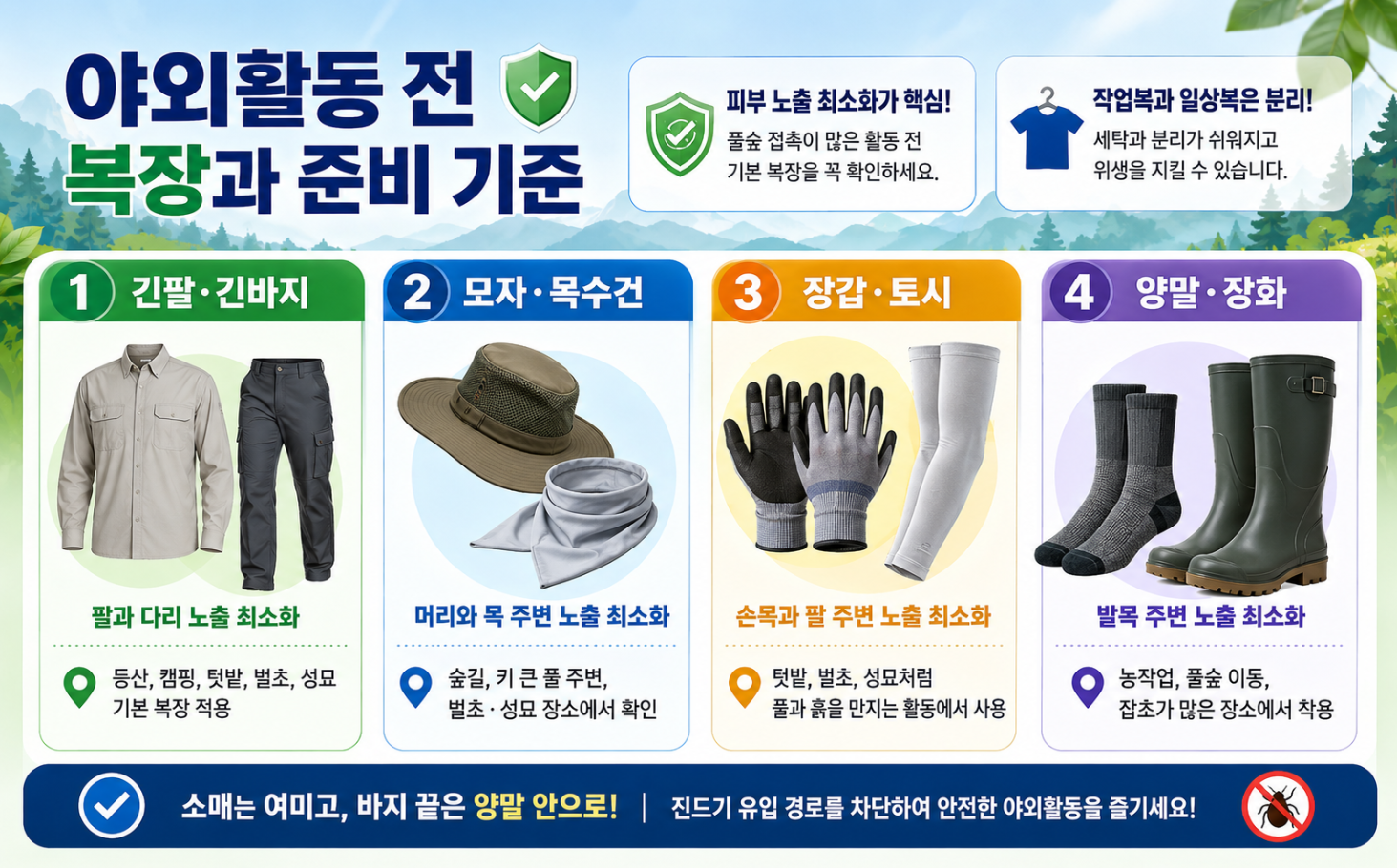 2. 야외활동 전 긴팔, 긴바지, 모자, 장갑, 양말, 장화 준비 기준을 설명한 인포그래픽