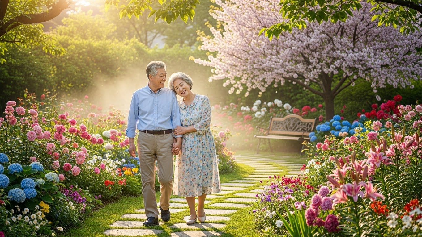 자산 이전을 성공적으로 마치고 평온한 노후를 보내는 한국인 노부부의 모습