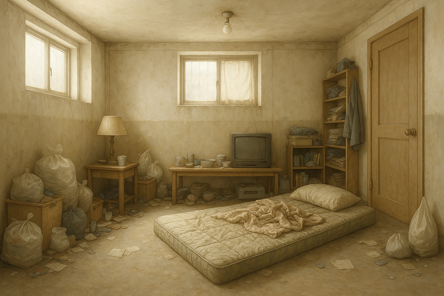 물건으로 어지럽혀 있는 빈 방