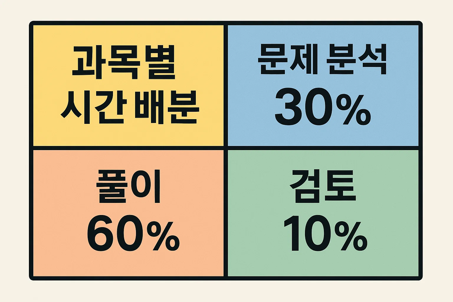 과목별 시간 배분, 문제 분석·풀이·검토 비율 등 효과적인 시험시간 운영 전략을 시각화한 인포그래픽