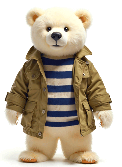 커다란 하얀색 곰이 카키색 코트를 입고 서 있다. 발바닥이 매우 크고 두껍다.