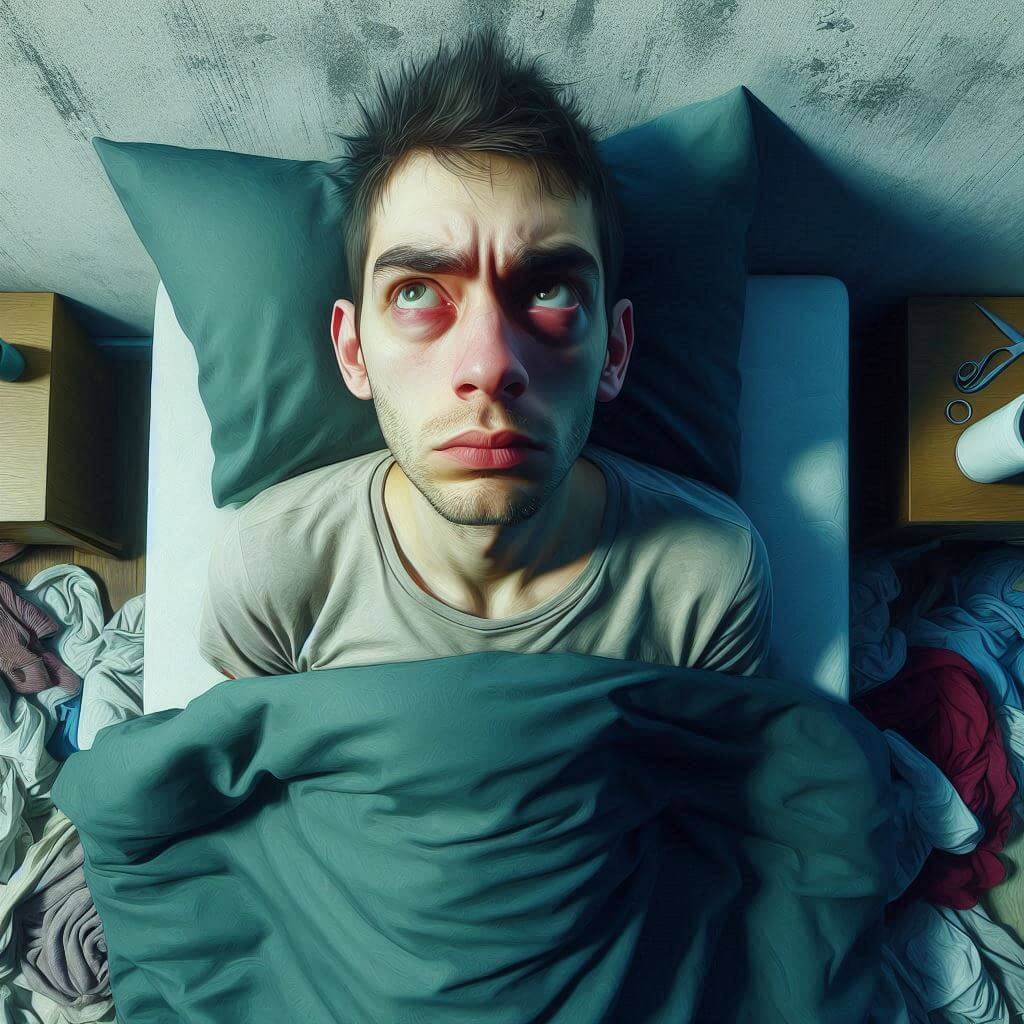 Person with a tired expression staring at the ceiling, bed is messy.